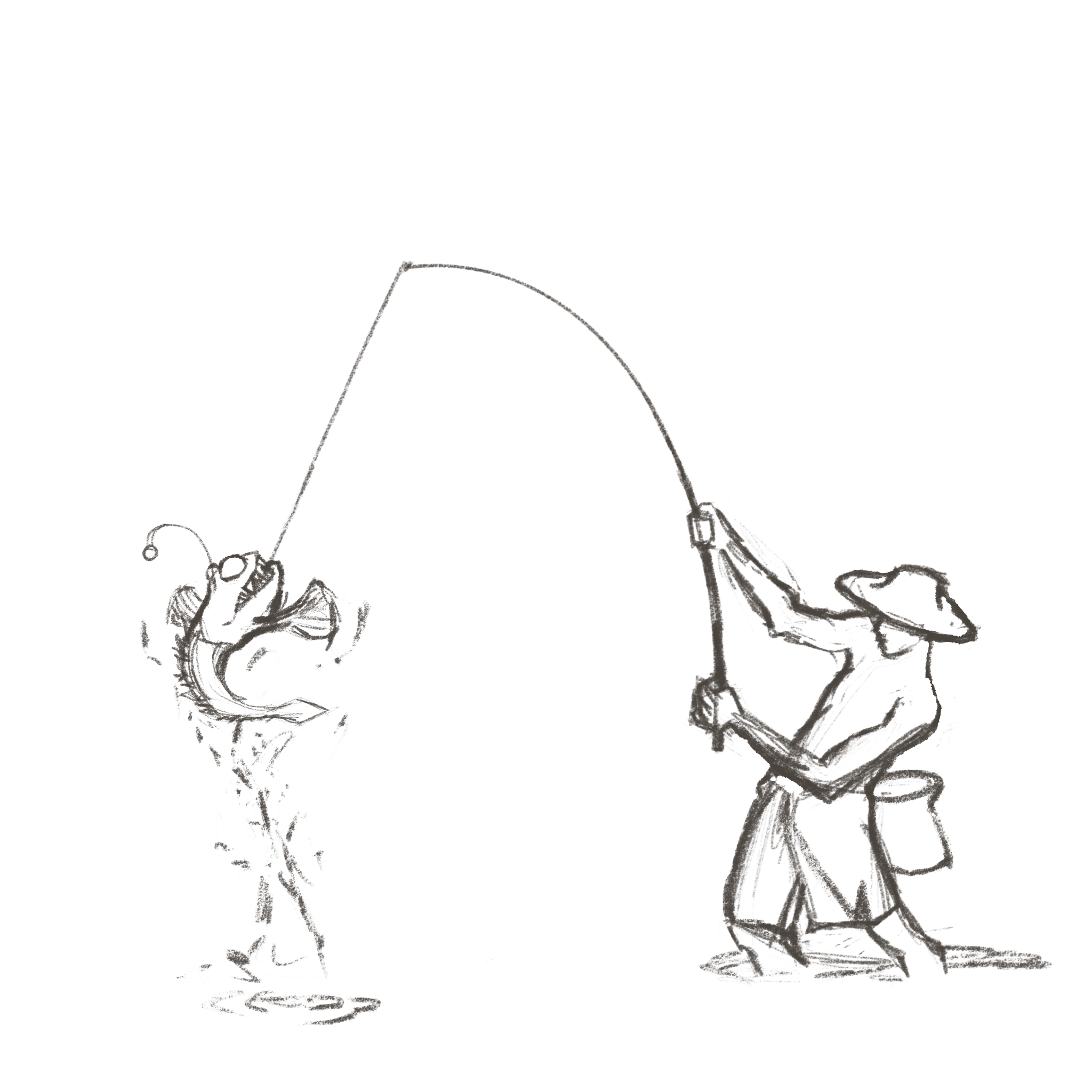 Sketch of a fisherman catching an angler fish. Both from reference, but different sources.