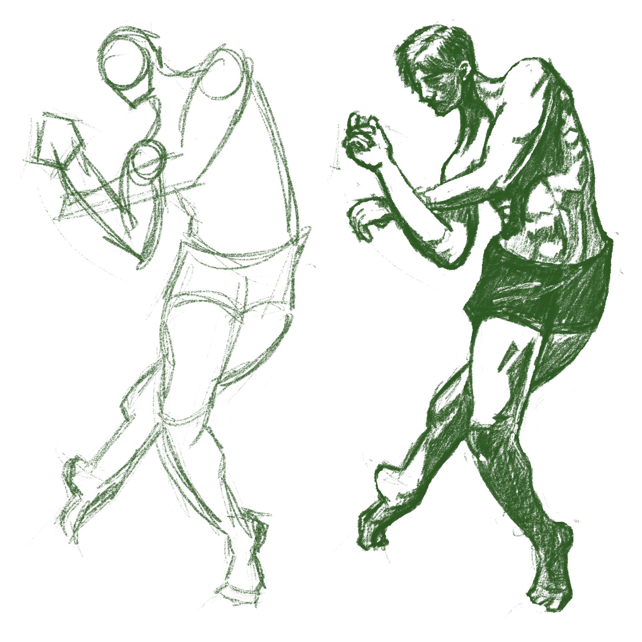 Construction and final sketch of a man posing