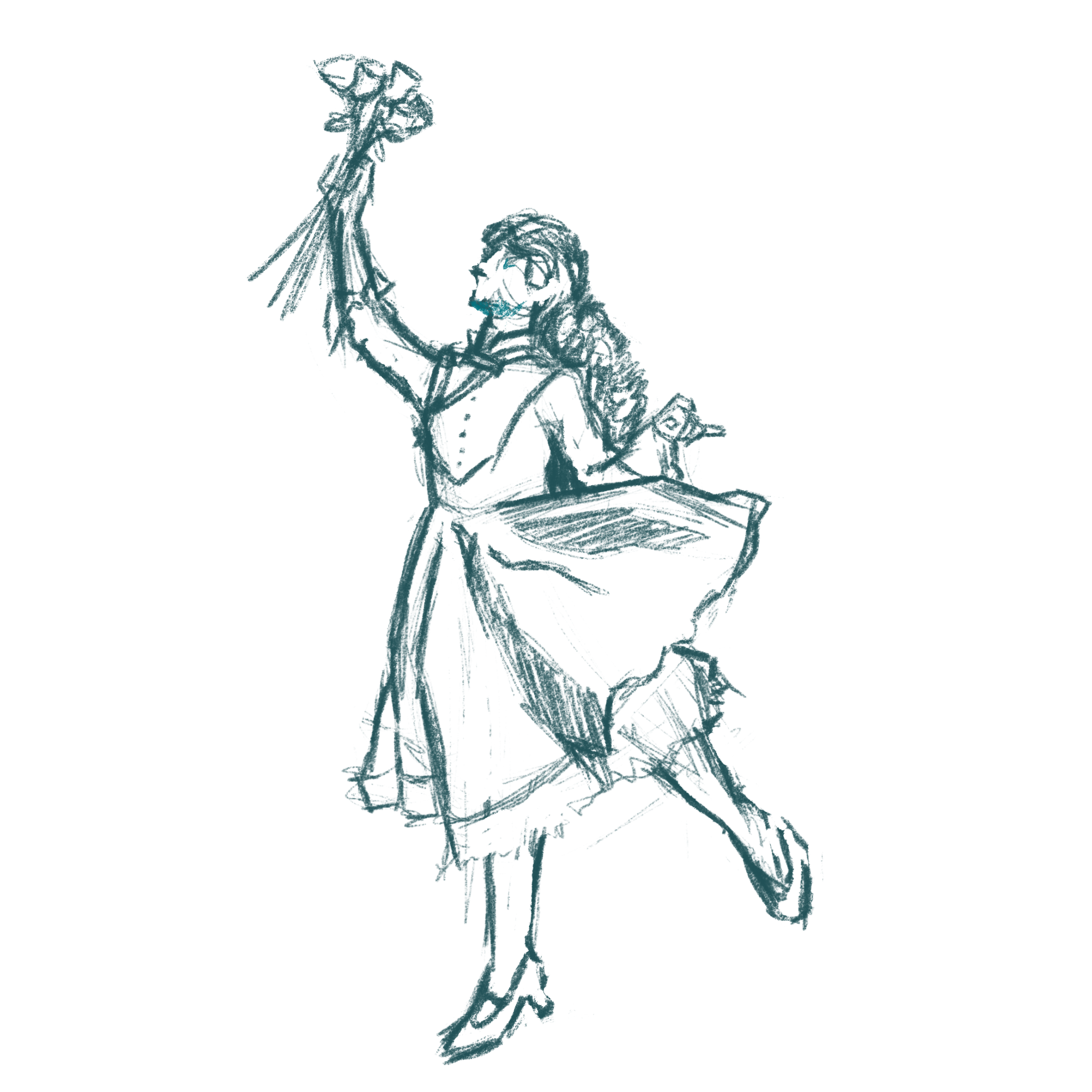 Sketch of a woman jumping with a bouquet