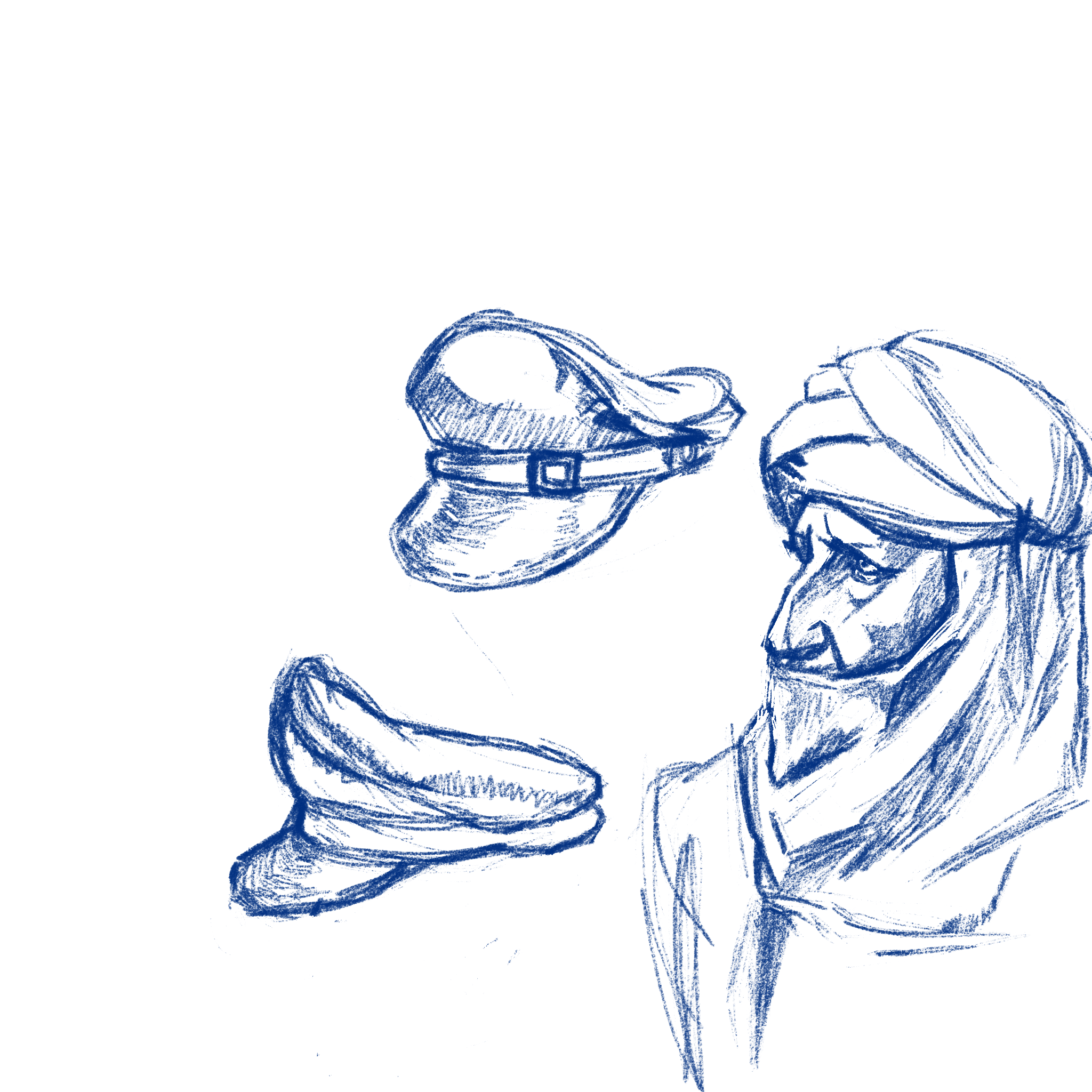 Sketch of a turbaned man and a hat from two angles